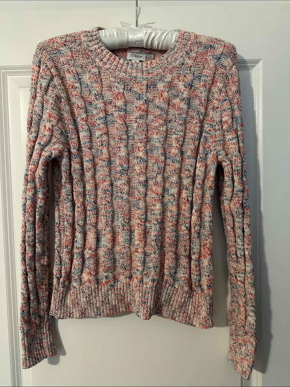 J. Crew Cream Cable-Knit Crewneck Sweater with Red & Blue Speckle